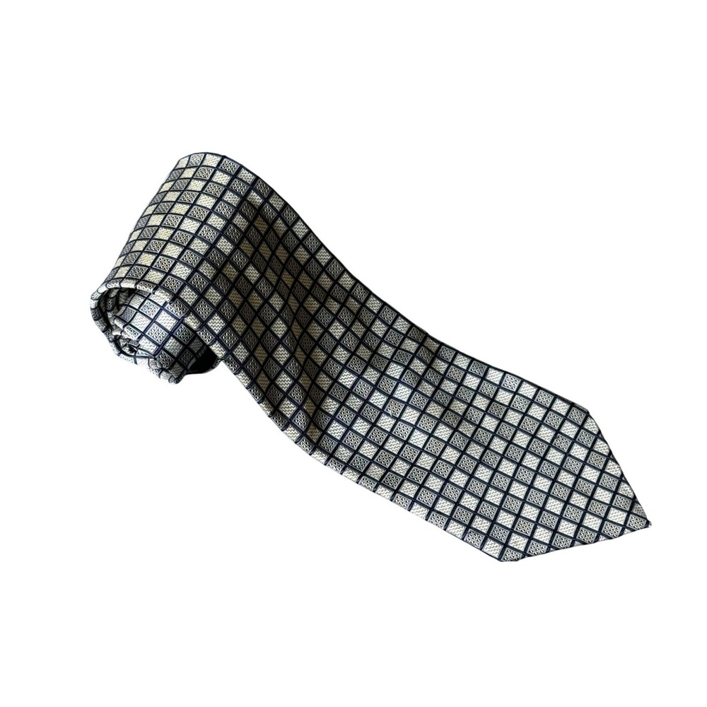 Valerio Garati Mens Silk Tie Silver Navy Blue Geometric Grid Hand‎ Made 1856